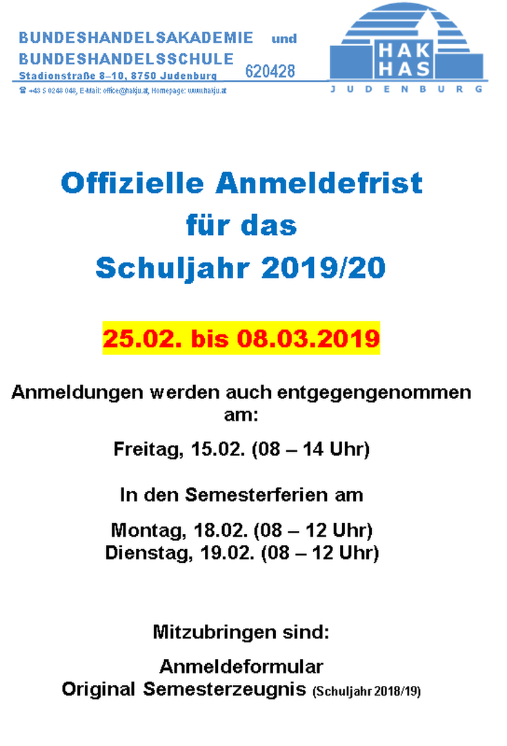 Offizielle Anmeldefrist für das Schuljahr 2019/20 - 25.02. bis 08.03.2019
