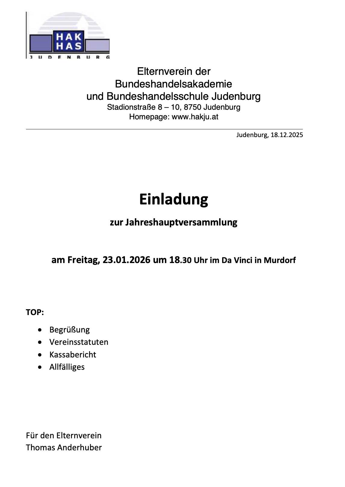 Einladung zur Jahreshauptversammlung des Elternvereins