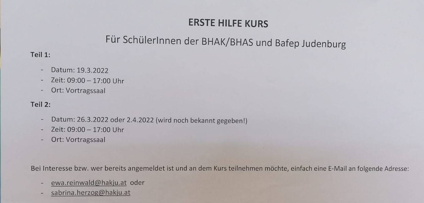 Anmeldung zum Erste Hilfe Kurs