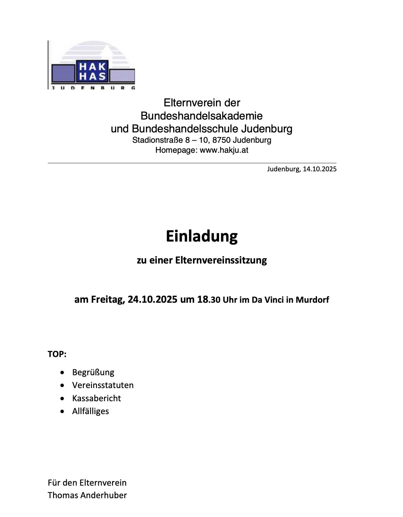 Einladung zur Elternvereinssitzung