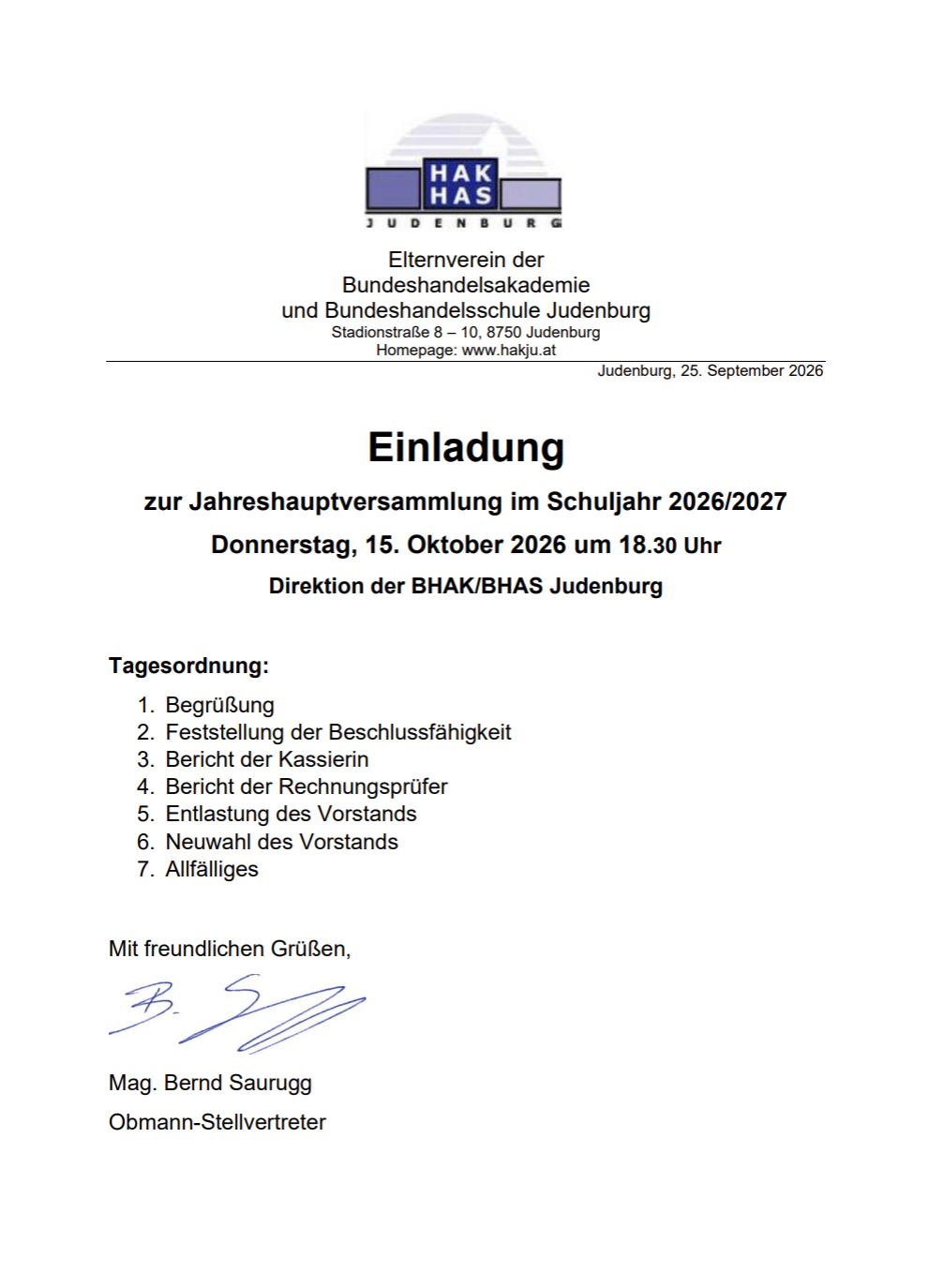 Einladung zur Jahreshauptversammlung des Elternvereins 2026/27