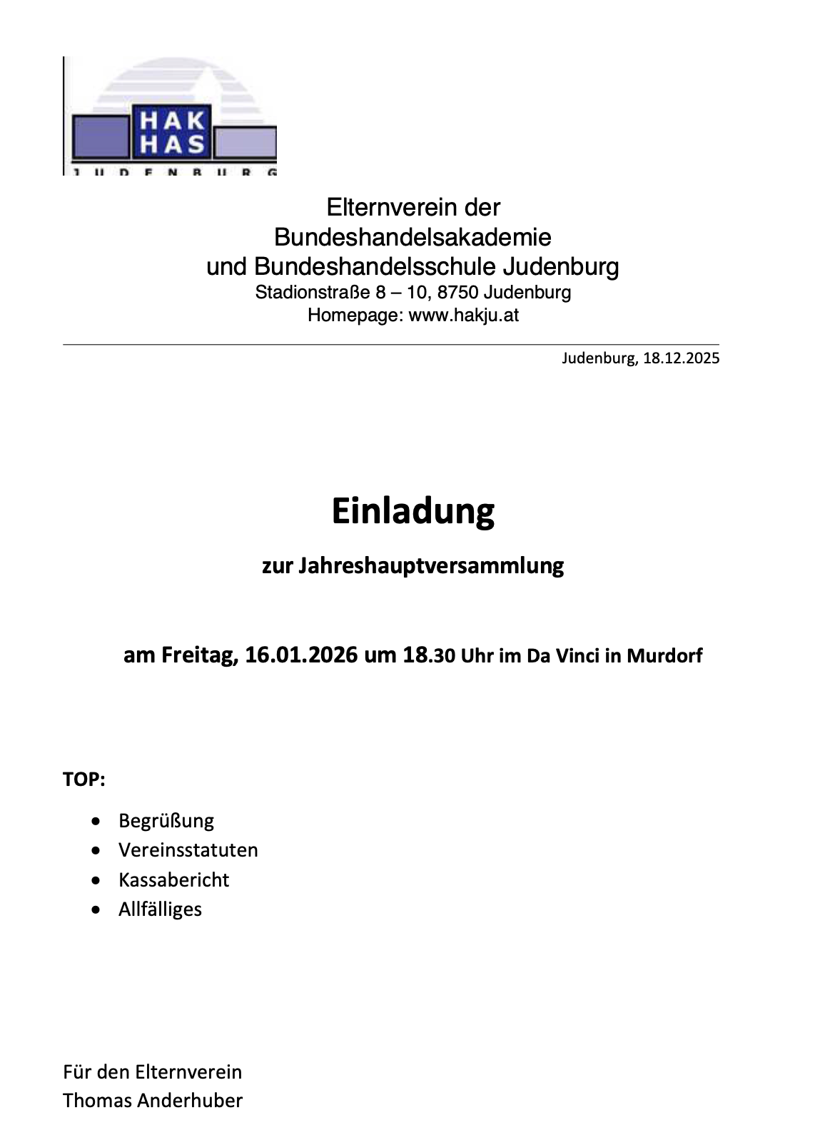Einladung zur Jahreshauptversammlung des Elternvereins