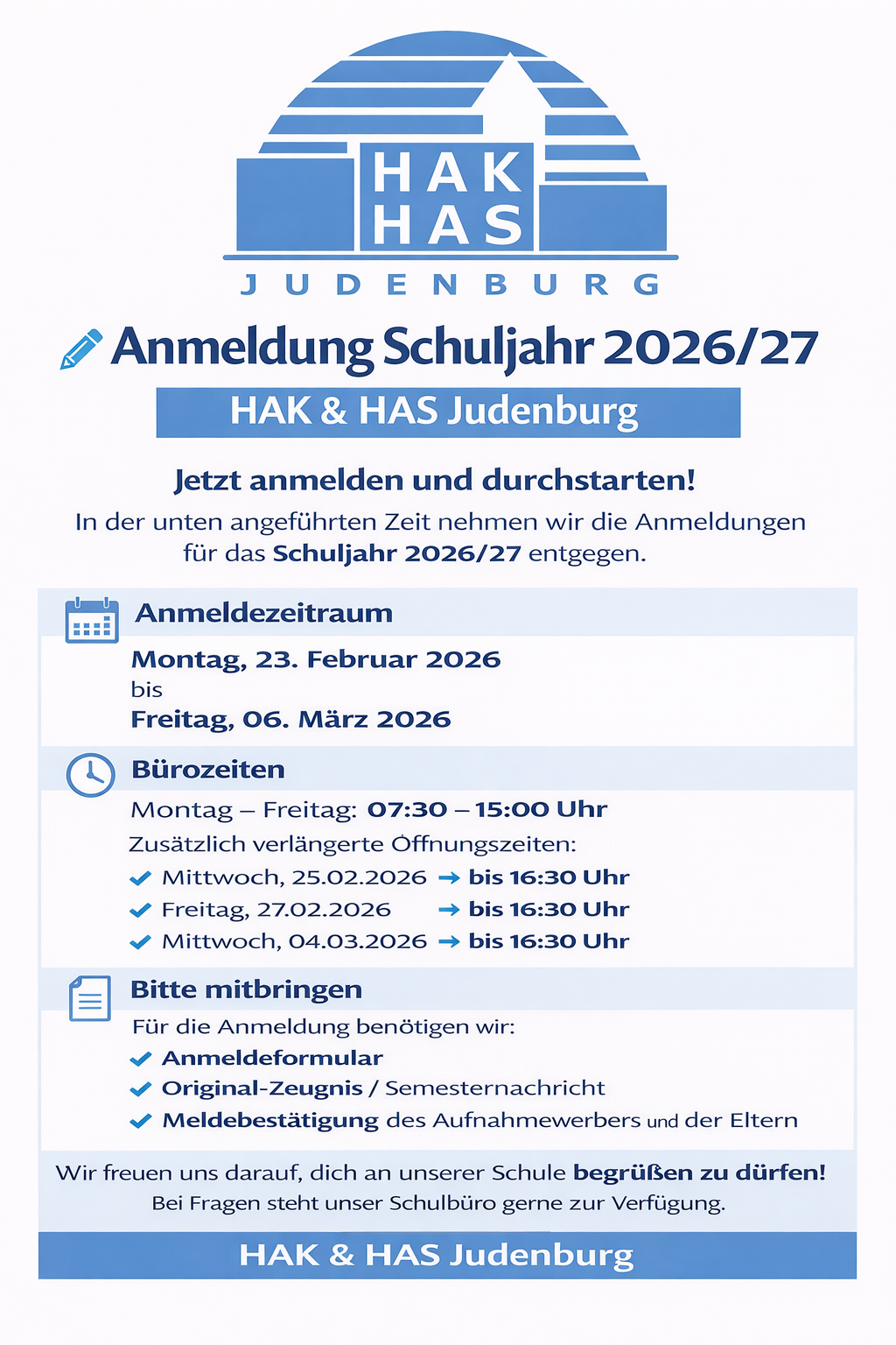 Anmeldungen für das Schuljahr 2026/27